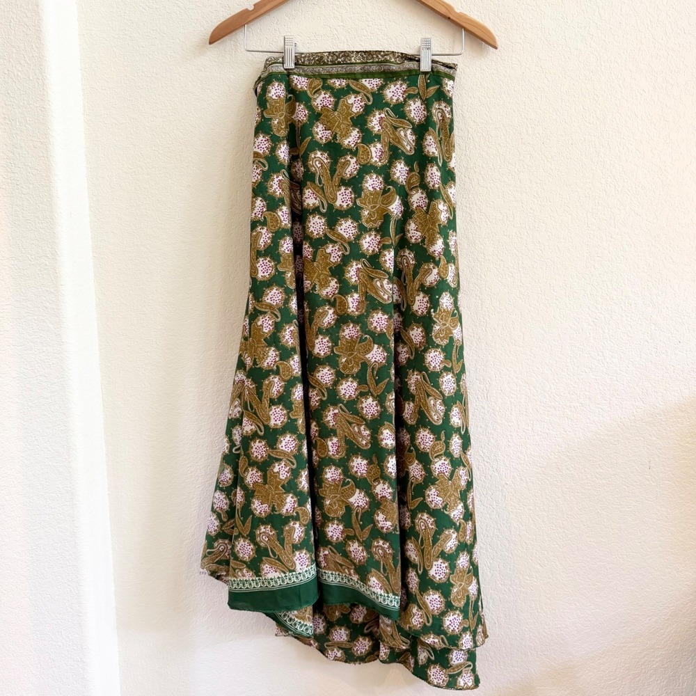 Jedzebel Green Silk Blend Reversible Maxi Wrap Skirt Floral Paisley Boho